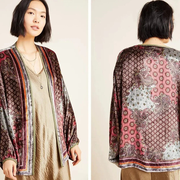 New Anthropologie Whimsigoth Plum Velvet Red and Brown Kimono Shawl Size All - Picture 1 of 9